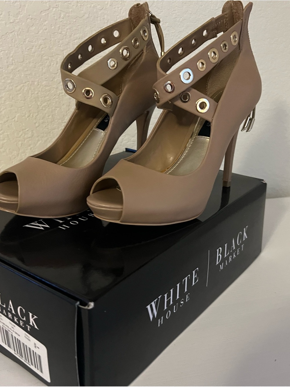 White House Black Market Taupe Peep-Toe Ankle-Strap Heels with Grommet Detail